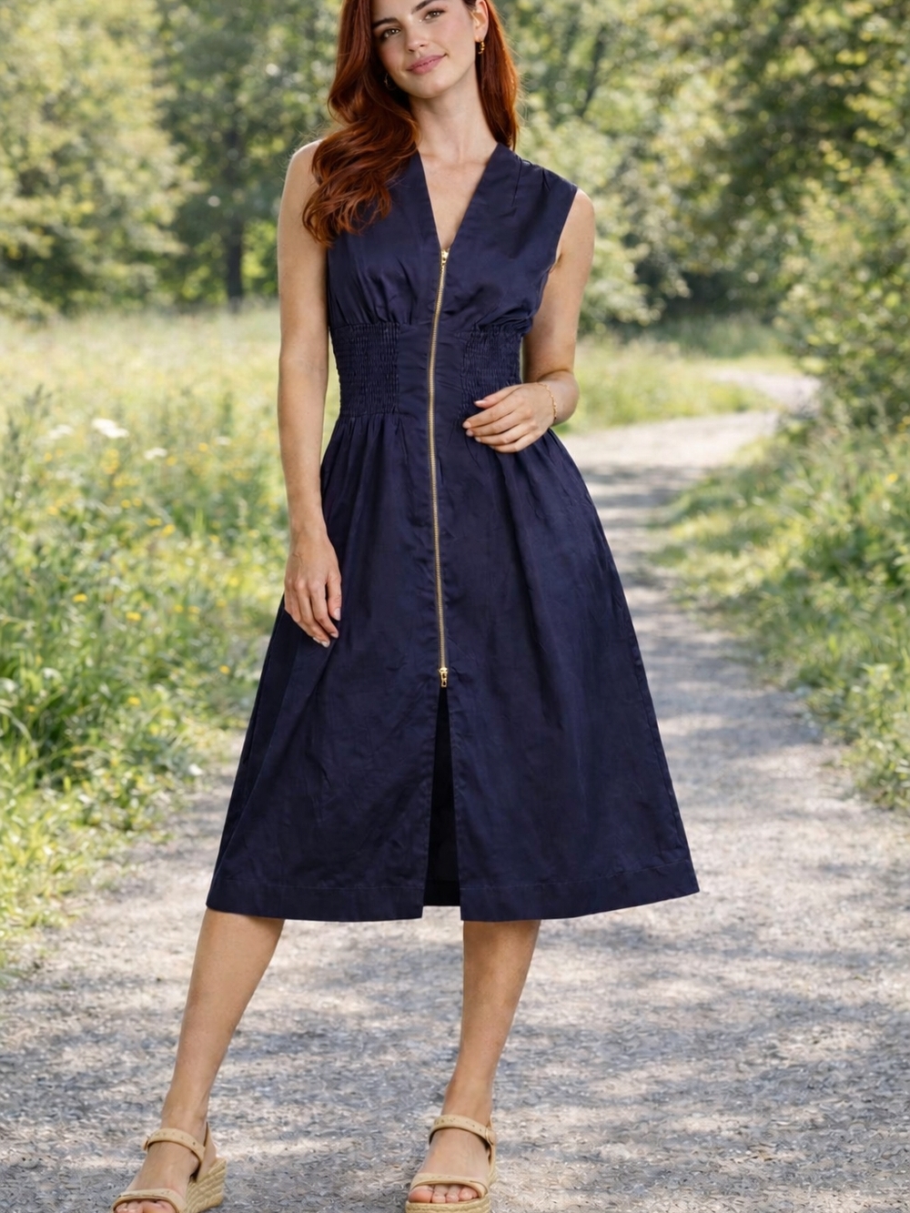Gunest  Navy Sleeveless Midi Dress with Gold Zip